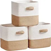 [R RUNKA] Storage Cube Baskets for Organizing -3 Pack -11 inch Square Baskets for Cube Storage, Closet Storage Bins-Woven Cube Storage Bins for Shelves- Ideal for Toy Storage |White & Khaki
