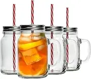 Rink Drink 4 Piece Glass Drinking Jars Set with Lid and Reusable Straw - Mason Style Jam Jar Glasses with Handle - 620ml