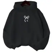 Girls Leopard Print Bow Printed Hoodie in Black, Size 12-13Y