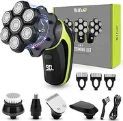 Detachable 7D Head Shavers, Telfun 5-in-1 Electric Razor IPX7 Waterproof for Bald Men, Wet/Dry LED Display Rechargeable 7D Rotary Shaver Grooming Kit with Type-C Charge