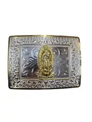 Cowboy Belt Buckle For Man - Virgen 4 1/4"x3 1/8" Silver Tone/Gold