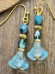Just One. Gold and Aqua Tone Czech Glass Bell Flower Earrings.