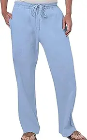 [Generic] Men's Cotton Linen Beach Pants Lightweight Loose Fit Solid Color Elastic Waist Yoga Pants Casual Jogger Sports Pants