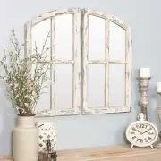 Rustic Distressed Off-White Arch Windowpane Mirrors Antique Farmhouse Set of 2