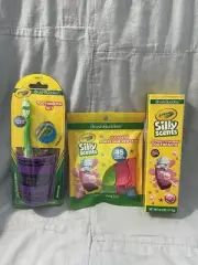 NEW Kid's Crayola Brush Buddies Toothbrush Purple Cup Flossers Tooth Paste & Cap