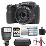 Kodak PIXPRO AZ255 Digital Camera (Black) + Extra Battery + Flash - 32GB Kit