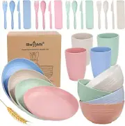 Wheat Straw Dinnerware Sets, 28PCS Plastic Plates and Bowls Sets College Dorm