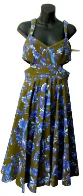 Cynthia Rowley Design Olive Sapphire Blue Birds Cut Out Cotton Dress 4 NWT $445
