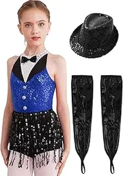 [Hedmy] Big Girls Sparkly Tuxedo Bodysuit Outfits Fringe Latin Dance Leotard with Gloves Hat Ballroom Dancing Costume