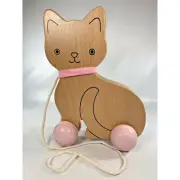 Hallmark Cat Kitten Wood Pull Toy with Pink Wheels and Collar Pull String