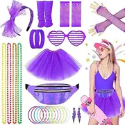 80s Fancy Dress for Women Girls, 1980s Party Costume Accessories Set Bumbag Tutu Skirt Leg Warmer Earrings Fishnet Gloves Necklace Glasses Bracelet Headband, Retro Outfit for Dress up Day Christmas
