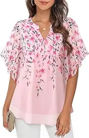 [VALOLIA] Womens Blouses Dressy Casual V Neck Chiffon Ruffle Short Sleeve Shirts Double Layers Tops