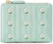 [kuifang] Girls Cute flowers Print Wallet, Small Tri-folded Aesthetic Wallet, PU Leather Purse Cash Pocket Card Holder ID Window Purse for Women, Flowers-Green, Compact