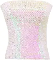 [Naimo] Women's Sparkly Bling Sequin Stripe Tube Top Sexy Stretchy Crop Top Party Costume Clubwear Camisoles
