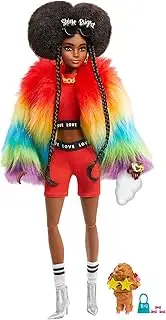 Barbie Extra Doll and Accessories with Afro-Puffs in Shaggy Rainbow Coat & Athleisure Look with Pet Poodle