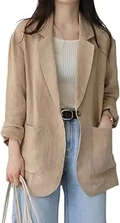 [Ellunis] Women's Linen Blazer 3/4 Ruched Sleeves Lightweight Jackets Button Lapel 2025 Casual Slim Spring Summer Suit