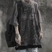 Oversized Skull Print Short-Sleeved Tee Dark Gray - XL