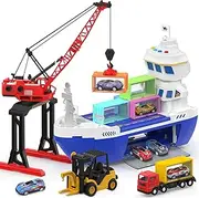 CUTE STONE 2-in-1 Toy Boat & Tower Crane Playset, Cargo Ship with Lights & Sounds, Push and Go Transport Ship Construction Vehicle Toys, Interactive Carrier Boat for Kids Boys Girls