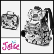 Justice For Girls Silver Camo Backpack & LunchBox Black Camo Shimmer NWT RARE!!!
