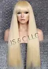 Human hair blend Full Wig Straight Pale Blonde Heat OK Bangs WEMG 613