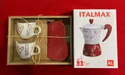 Set of (4) PC Heart Design Red & White Espresso Cups Set and Coffee Maker NEW