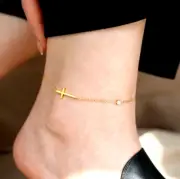 Gold Titanium Simple Faith Sideways Cross Round Dot CZ Charm Foot Anklet