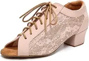 [VCIXXVCE] Women's Latin Dance Practice Shoes with Lace-up Peep Toe Ballroom Salsa Tango Dancing Shoes Low Heel