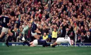 Jeremy Guscott of England scores the first try during the Rugb- Old Rugby Photo
