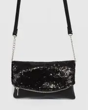 Black Zoe Sequin Foldover Clutch Bag