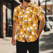 Men's Oktoberfest Beer Shirt Summer Shirt Button Up Shirt Short Sleeve Fashion Casual Outdoor Holiday Summer Spring Turndown 3D Print Collared Shirts Orange Kh