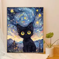 在飛比找蝦皮購物優惠-小黑貓星月夜diy數字油畫有框 梵谷星空風景彩繪減壓藝術填色