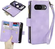 [GoshukunTech] for Google Pixel 8a 5G Wallet Case with 9 Card Holders,for Pixel 8a Case Zipper Coin Pocket PU Leather Flip Cover Kickstand Protective Phone Purse with Wrist Strap-Purple
