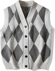 [Fulbant] Men's Plaid Sweater Vest Sleeveless V-Neck Button Cardigan Vest Office Knitted Vest Classic Fit Tops