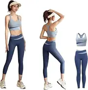 [Generic] Women’s Seamless 2-Piece Workout Set by Bondi Spirit – High-Waist Leggings & Sports Bra, Moisture-Wicking, Light Blue and Navy