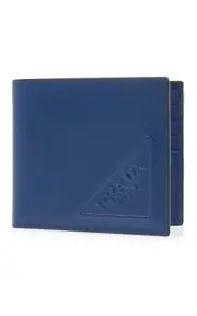PRADA blue Saffiano leather bifold triangle logo embossed wallet authentic NWT
