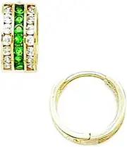 [JewelryWeb] 14k Yellow Gold Green CZ Simulated Diamond Triple Row Hoop Hinged Earrings 11x11mm-Hoop Earring for Women