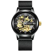 Waterproof Luminous Diamond Mechanical Watch With Double-Sided Hollow Design And Black Mesh Strap