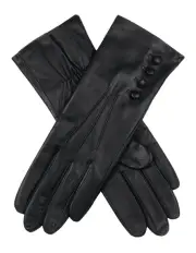 [Dents] Touchscreen 3 Point Silk-Lined Leather Gloves with Buttons in Black