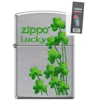 Zippo 2698 Lucky Clovers Street Chrome Finish Full Size Lighter + FLINT PACK