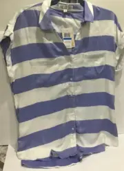 PINK ROSE Women"s Shirt XL Short Sleeve Button Down White Blue Stripe Blouse NWT