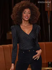 Sosandar Black Sparkling Faux Wrap Top (AH4196) | $127