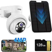 MMQ Solar Security Cameras Outdoor, 4MP PTZ Wireless Rechargeable Cameras, Battery Powered Cameras for Home with 128GB Card, PIR Motion Detection, Color Night Vision, Compatible with Alexa