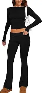 [Anoumcy] Women 2 Pieces Outfits Long Sleeve Crewneck Crop Shirt Top and Flare Pants Matching Set Two Piece Yoga Lounge Sets