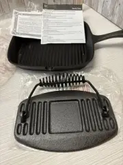 9 " Square Cast Iron Grill Pan W/ Handle & Spout & Hand Press NEW. FREE SHIP