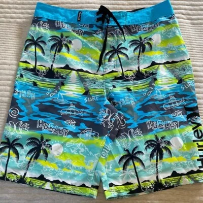 Hurley Boys Board Shorts Swimming Shorts Bathing Suit pocket palm trees size 16