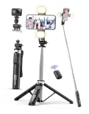 53'' Selfie Stick Tripod with Light, Extendable Selfie Stick with Remote, Black