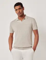 Hawes & Curtis Natural Open Collar Linen Polo Shirt | Short Sleeve Size: Small