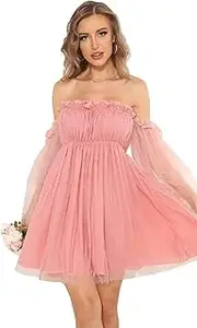 [Generic] Off Shoulder Mini Dress for Women Flounce Long Sleeve Ruffle Mesh Party A-Line Short Dresses