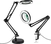 Magnifying Glass with Light, Magnifying Glass LED Desk Lamp-3 Colors Illuminated,9 Levels Dimmable,Foldable Metal Arms and Adjustable Clamp,5X Magnifying Light for Office/Work/Study (Black)