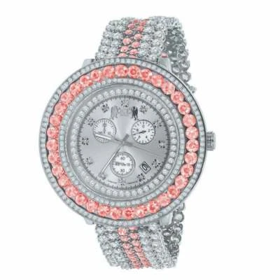 Real Diamond Dial Pink Tourmaline Custom Watch 18k White Gold Finish Steel back